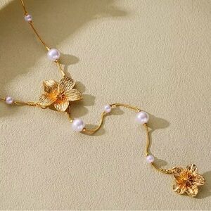 Gold Floral Necklace with Pearl Accents